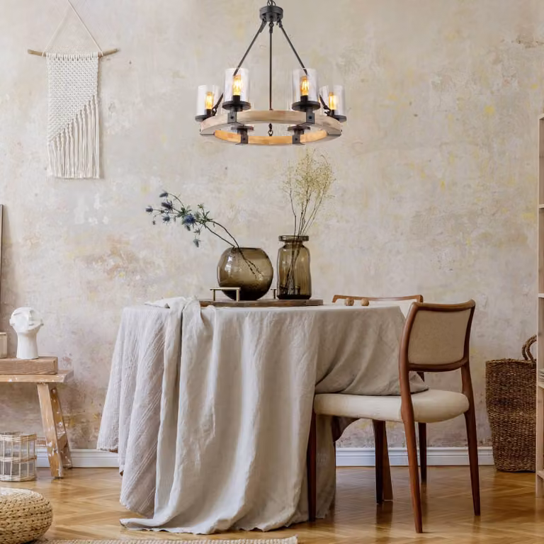 Lámpara colgante Globo Lighting de estilo rústico con acabado en madera y cristal, atenuable, ideal para salón o comedor