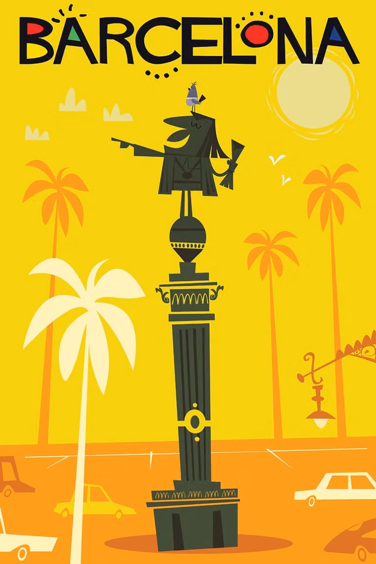 Cuadro de viaje vintage Barcelona de Hexoa con impresión sobre lienzo en color amarillo, An: 60 cm, Al: 90 cm