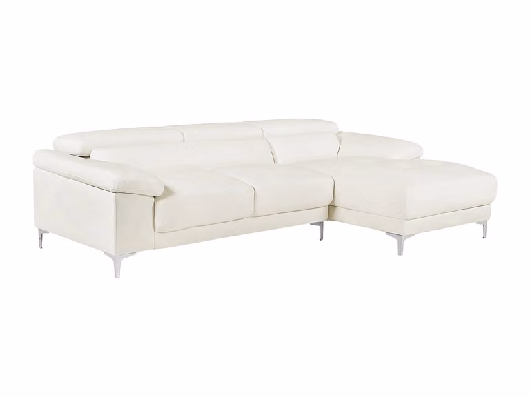 Sofá rinconera de piel SOLANGE en color blanco con ángulo derecho y estructura de madera sólida