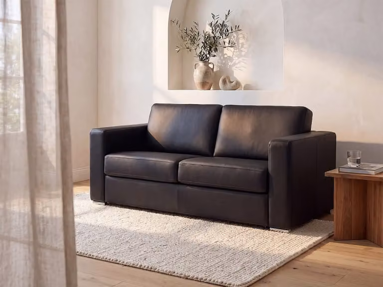Sofá cama de 3 plazas Vente-Unique en piel color negro con diseño moderno y función de cama An/P/Al: 194 x 223 x 99 cm