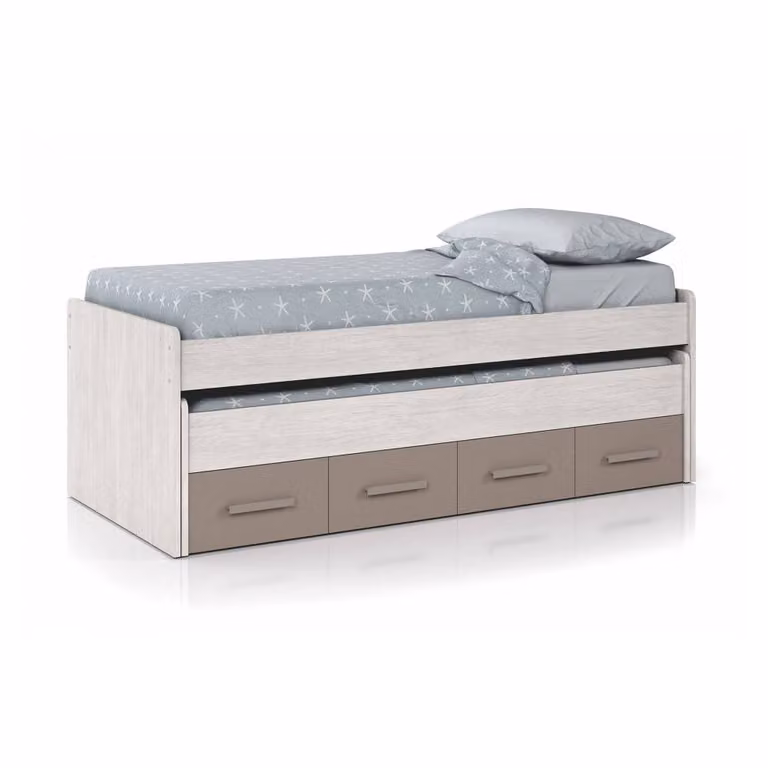Cama infantil de dos niveles Dmora con cajones, efecto madera en blanco y marrón, Al x An x P: 198 x 90 x 96 cm