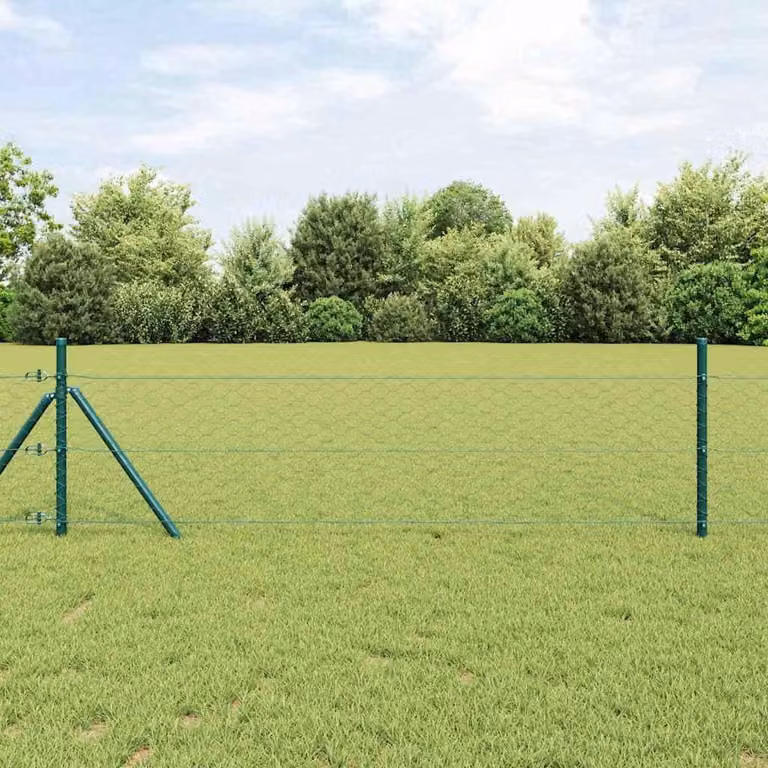 Valla de malla hexagonal Syfax verde con postes redondos para fijación de suelo de acero y PVC de 10 x 1,4 m