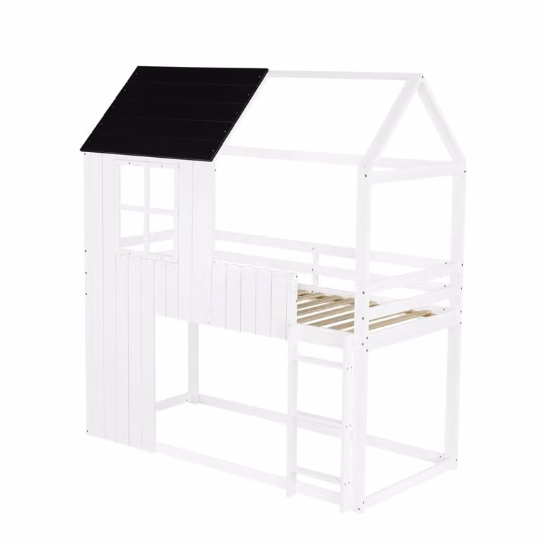 Litera infantil OKWISH de madera con estructura de casa y zona de juego, color blanco y negro, An/P/Al: 205 x 100,5 x 221 cm