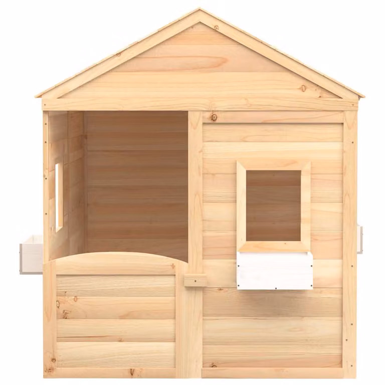 Casa de juegos de madera de abeto vidaXL con puerta con cierre y macetas, color marrón, An/P/Al: 132 x 125 x 144 cm
