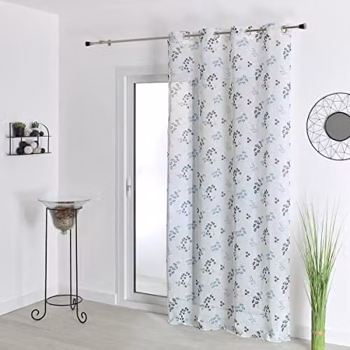 Visillo con estampado floral de efecto lino LOJI en color gris, An/Al: 140 x 240 cm