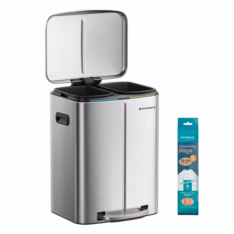 Cubo de Basura Doble SONGMICS de Acero Inoxidable con Pedal y Cierre Suave, Color Plata, 2 x 20 L