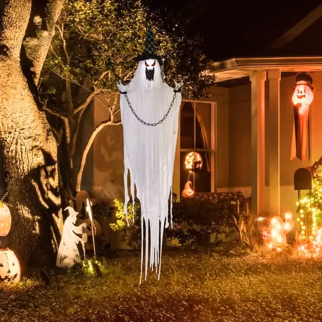 Decoración de fantasma para Halloween HOMCOM con movimiento y sonidos, colores blanco y rojo para mesa