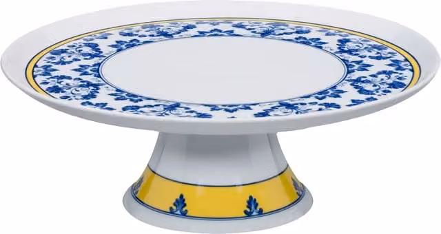 Plato de tarta con pie Castelo Branco de Vista Alegre con diseño floral azul en porcelana