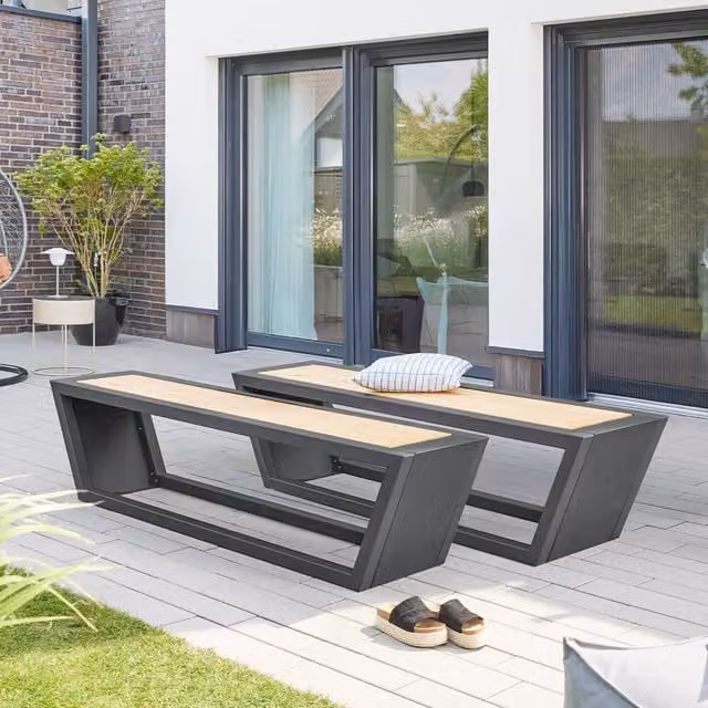 Juego de asientos Home Deluxe KOBON de acero antracita y madera de alerce con 2 bancos para jardín o salón