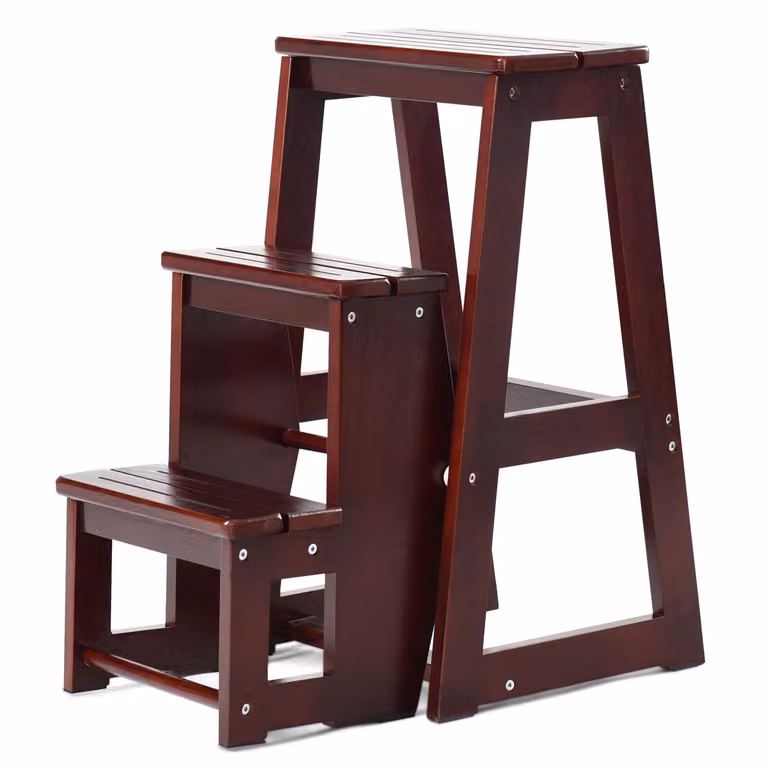 Escalera Plegable de Madera Costway de 3 Peldaños con Función de Estantería y Taburete, Color Marrón Oscuro, An/P/Al: 57 x 38 x 65 cm