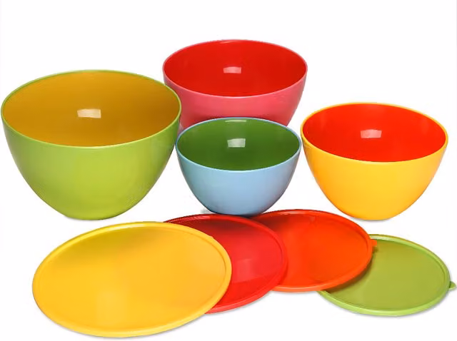 Set de 4 cuencos con tapa de plástico monzana® multicolor, aptos para microondas, congelador y lavavajillas
