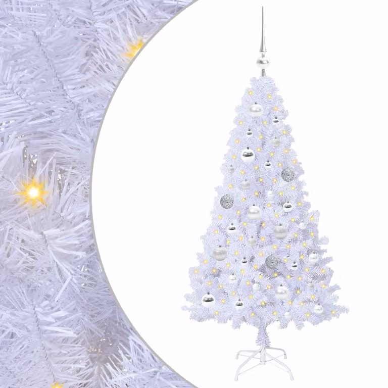 Árbol de Navidad artificial blanco vidaXL con luces LED de color blanco cálido, altura: 120 cm, fabricado en PVC y metal