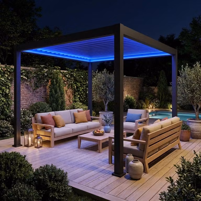 Pérgola bioclimática eléctrica Sweeek de aluminio con iluminación LED, color Antracita, An/P/Al: 301 x 301 x 250 cm