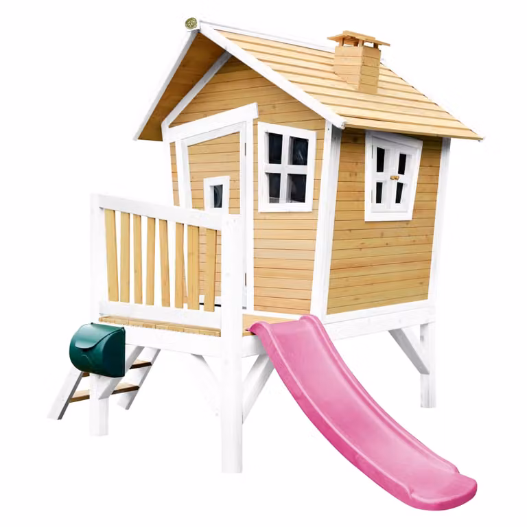 Casita infantil de madera Axi con tobogán, marrón y blanco con detalles morados, An/P/Al: 264 x 177 x 203 cm