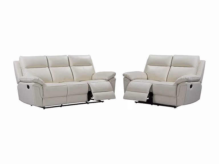 Sofá relax de 3+2 plazas PAKITA en piel de búfalo color blanco con estructura de madera sólida y reposacabezas ajustable
