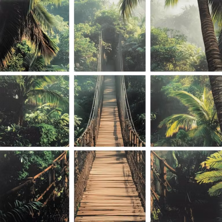 Conjunto de 9 cuadros de lienzo NIYLO con diseño de paisaje de selva y puente en color verde, An: 174 cm, Al: 174 cm, P: 2 cm