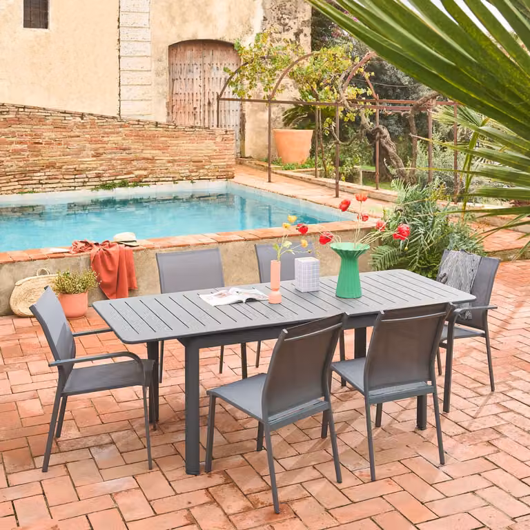 Mesa de jardín extensible Sweeek de aluminio con 6 sillas, color antracita