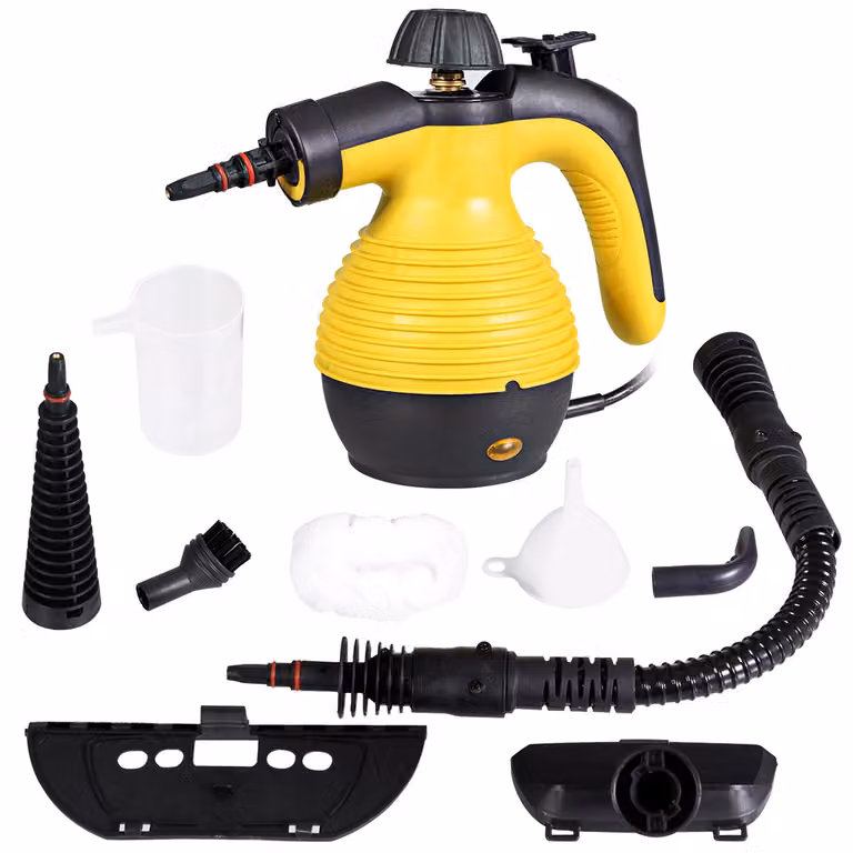 Limpiador a vapor portátil Costway con 9 accesorios para casa y coche, color amarillo, capacidad 350 ml
