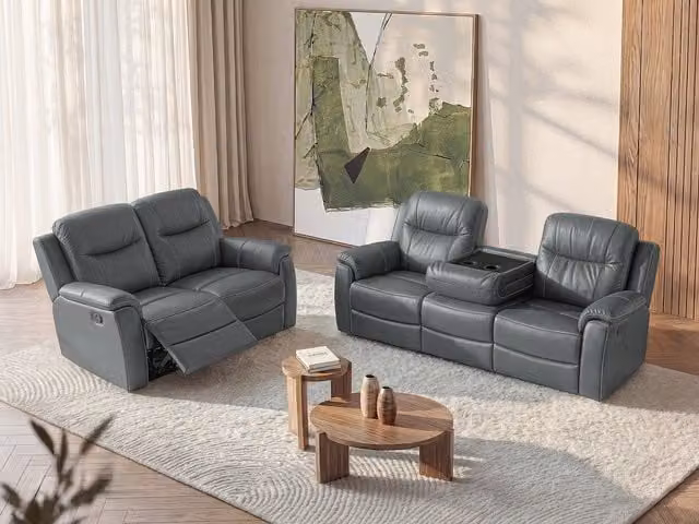 Conjunto de sofás relax Evasion de 3+2 plazas en piel gris con bandeja portavasos