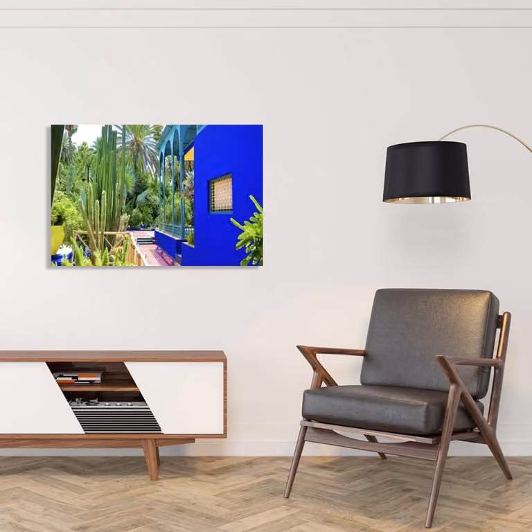 Cuadro de jardín Majorelle con impresión sobre lienzo en color azul, diseño floral y naturaleza, An/Al: 90 x 60 cm