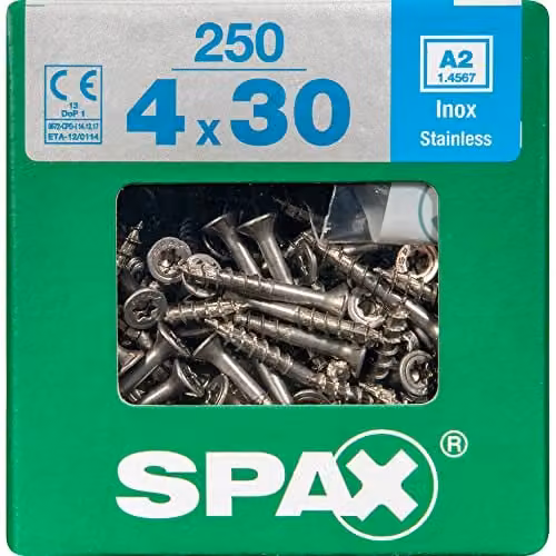 Tornillo universal Spax T-Star plus A2 de acero inoxidable para madera con cabeza Torx, color plata, 30 x 4 mm, caja de 250 unidades