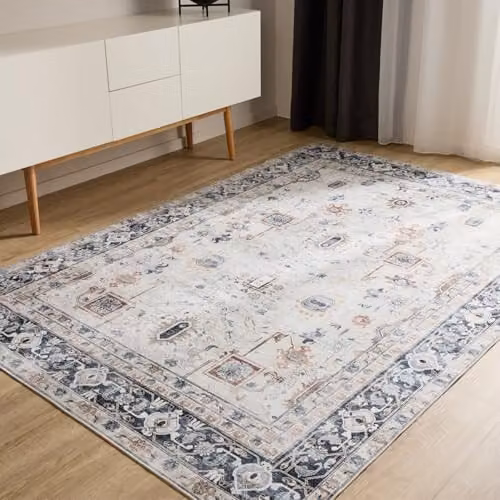 Alfombra de salón Benuta Basic George en crema y gris, diseño abstracto vintage y rectangular, lavable, An/P: 300 x 400 cm