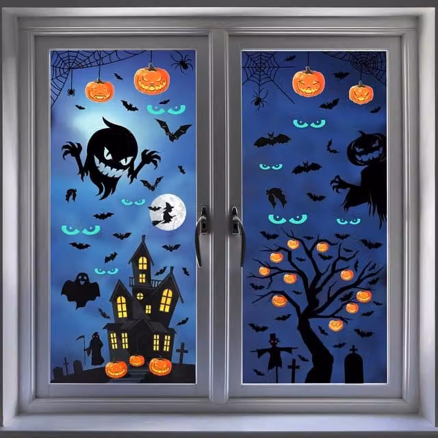 Set de 10 Pegatinas Decorativas de Halloween COOCHEER para Ventanas, Adhesivas y Reutilizables, Multicolor y Negro