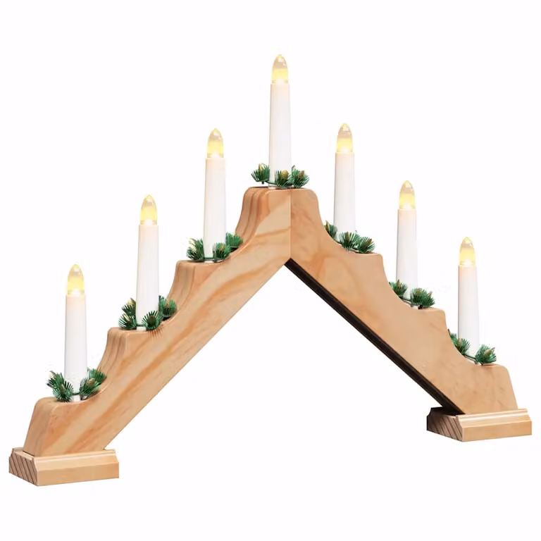 Puente de velas navideñas de madera vidaXL con 7 LED blanco cálido, color marrón y blanco, An/P/Al: 39,5 x 5 x 29 cm