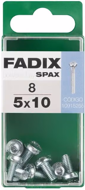 Tornillo de acero galvanizado FADIX con cabeza redonda cilíndrica, color plata, M5 x 10 mm, caja de 8 unidades