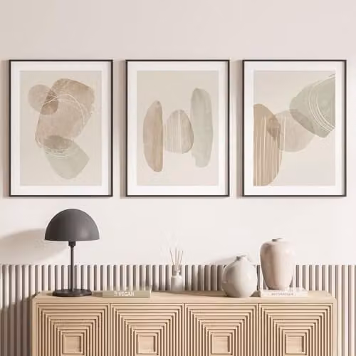 Juego de 3 pósteres tríptico Lumalea con diseño abstracto moderno en colores beige y negro, An/P/Al: 60 x 80 cm