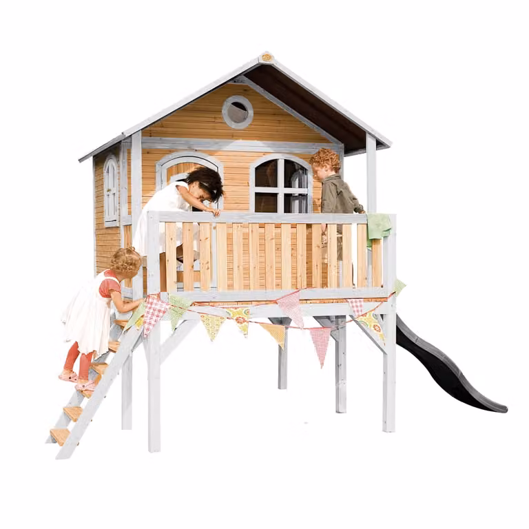 Casita infantil de madera Axi con tobogán en colores marrón, blanco y gris
