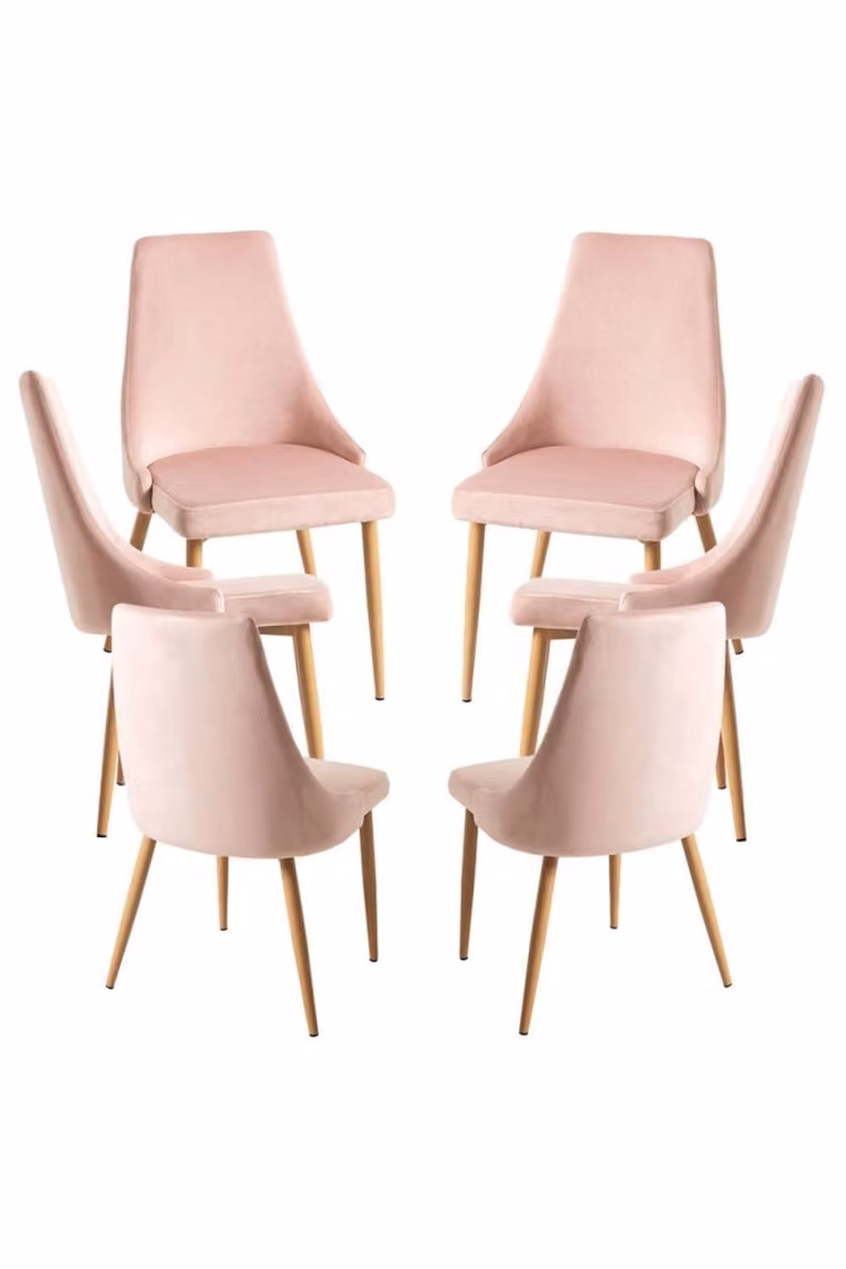 Pack de 6 sillas de comedor en terciopelo rosa de Regalos Miguel con estructura de metal y estilo moderno