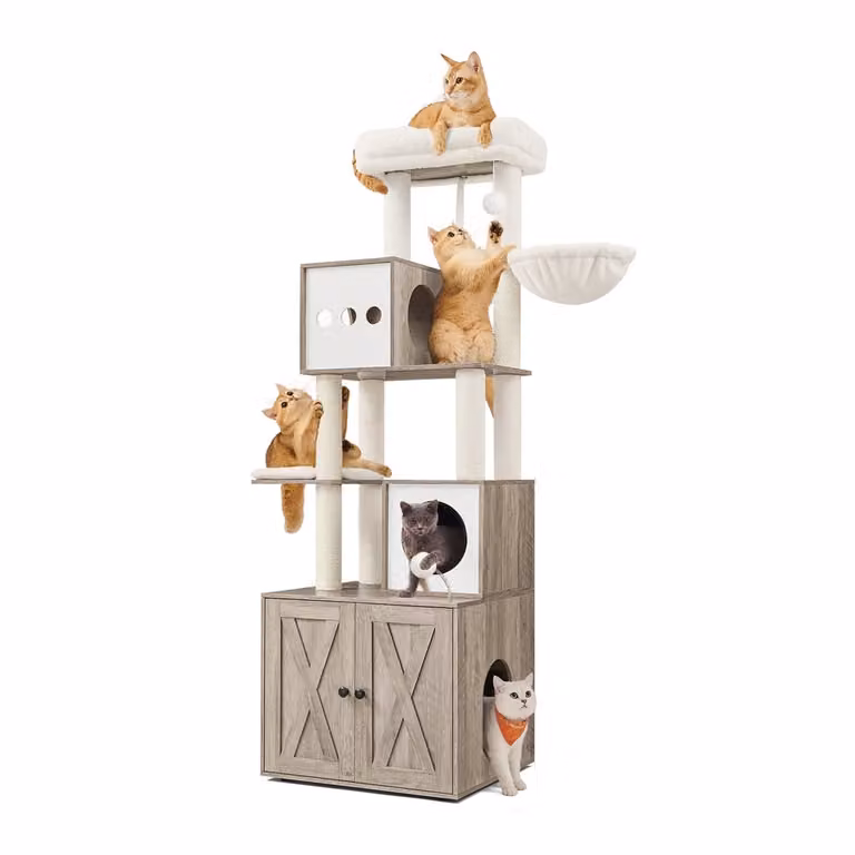 Árbol moderno para gatos Feandrea con rascador, juguetes integrados y cojines con funda lavable en color beige y blanco