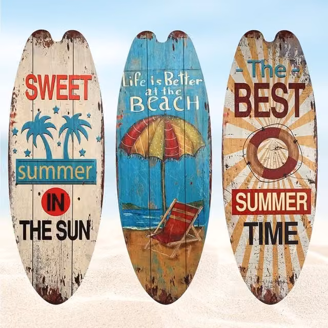 Juego de 3 tablas de surf decorativas Neptune de madera para pared, diseño art deco multicolor, An/P/Al: 45 x 45 x 16 cm