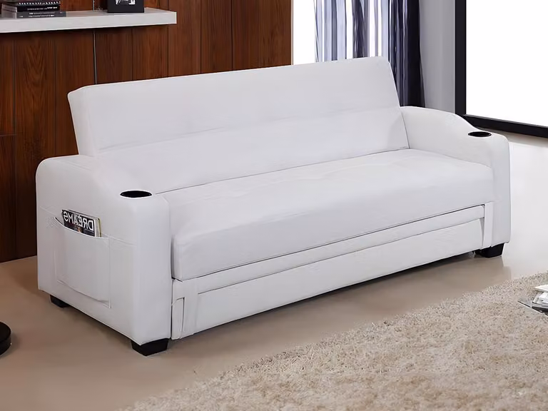 Sofá cama clic-clac MIRELLA de piel sintética con estructura de madera en color blanco