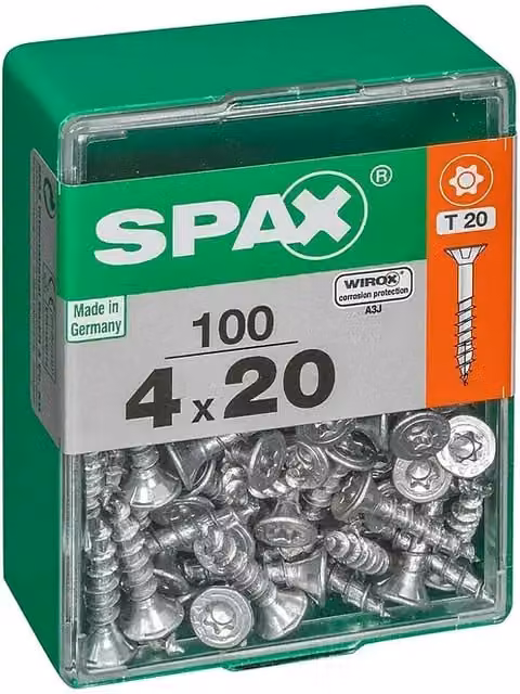 Tornillo universal Spax Wirox para madera con cabeza avellanadora y sistema Torx, acero galvanizado, color plata, An/P/Al: 4 x 20 mm, pack de 100 unidades