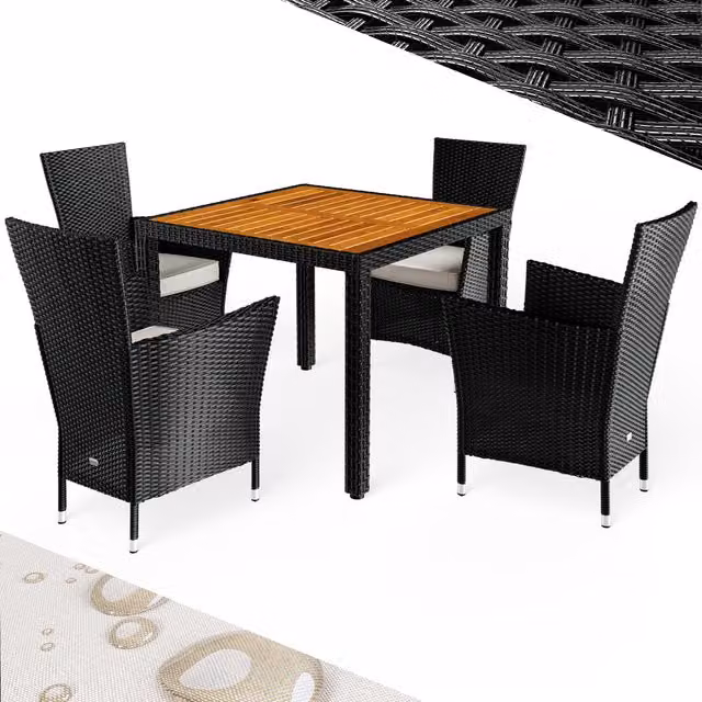 Conjunto de asientos de jardín Casaria® Corfu de 5 piezas en poliratán color negro y beige