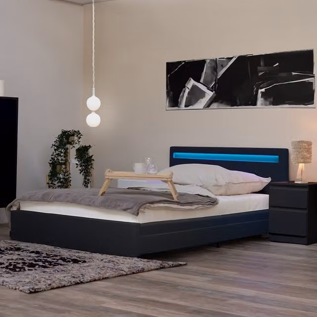 Cama Home Deluxe con LED, cajones y colchón NUBE tapizada en gris oscuro, An/P: 140 x 200 cm