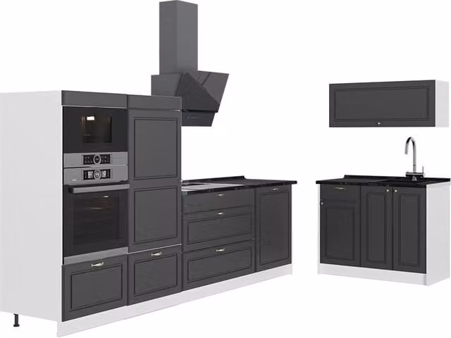 Cocina Vicco Fame-Line de estilo Landhaus en colores antracita, oro y blanco con puertas de cierre suave y An: 380 cm