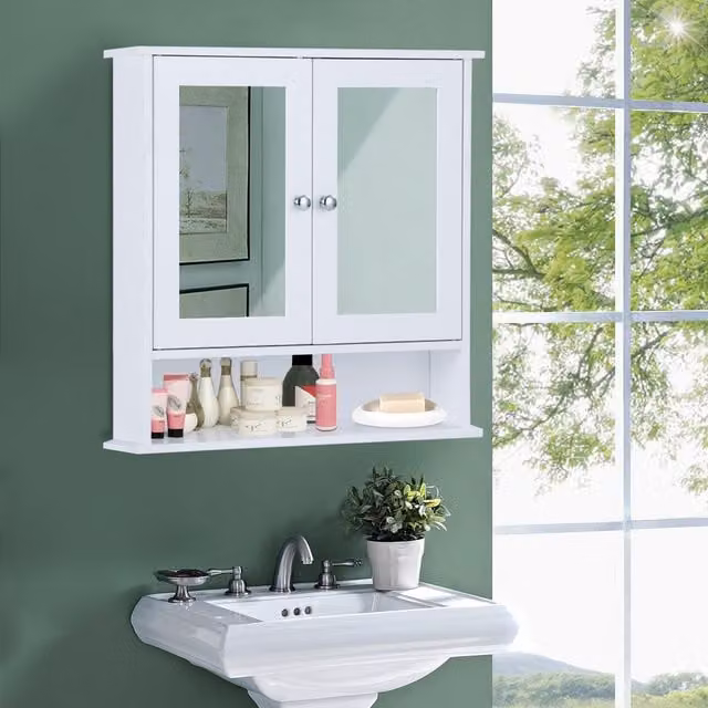 Costway Armario de Baño con Espejo y 2 Puertas, Estante Abierto y Compartimentos Internos, Blanco, An/P/Al: 56 x 13 x 58 cm