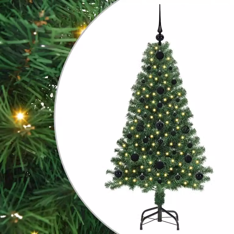 Árbol de Navidad artificial vidaXL verde con luces LED blanco cálido, altura: 120 cm, fabricado en PVC, metal y plástico