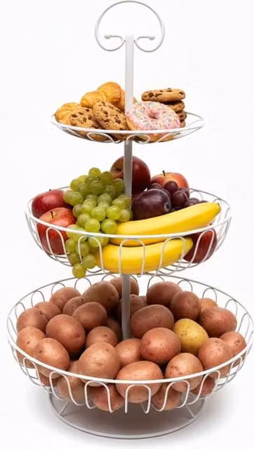 Expositor de frutero de alambre de 3 niveles NORTHIX, diseño redondo con circulación de aire en aluminio, color blanco