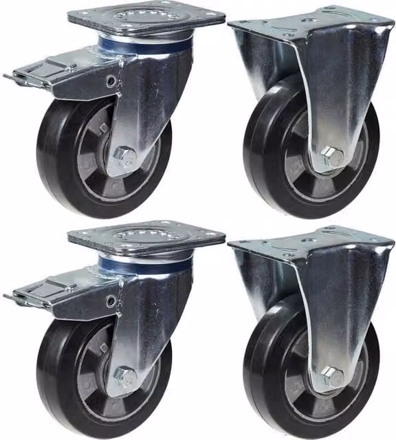 Juego de 4 ruedas giratorias Parnells de caucho y aluminio en color negro con freno y base de placa