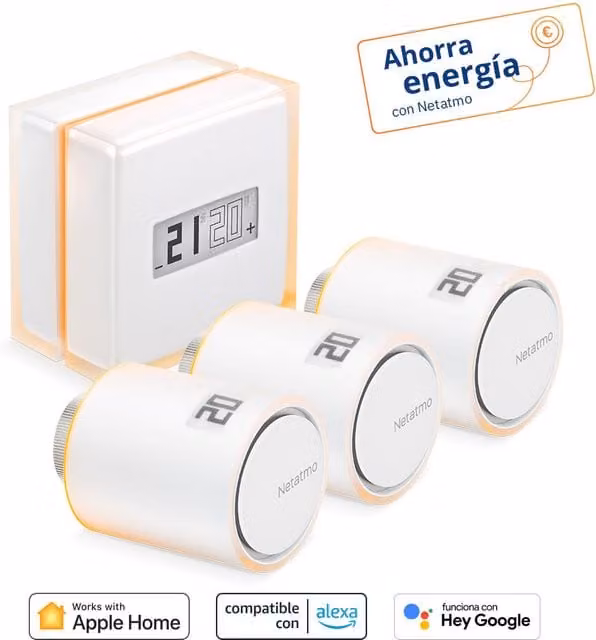 Kit de termostato inteligente Netatmo con 3 válvulas termostáticas en color blanco y rojo con control por app y conexión wifi