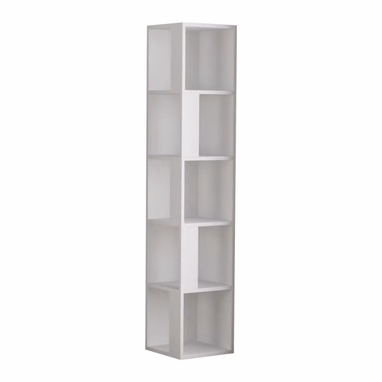Estantería de esquina Menzzo de 5 estantes en color blanco con acabado mate y diseño moderno para salón u oficina, Altura: 161 cm, Ancho: 34 cm, Profundidad: 34 cm