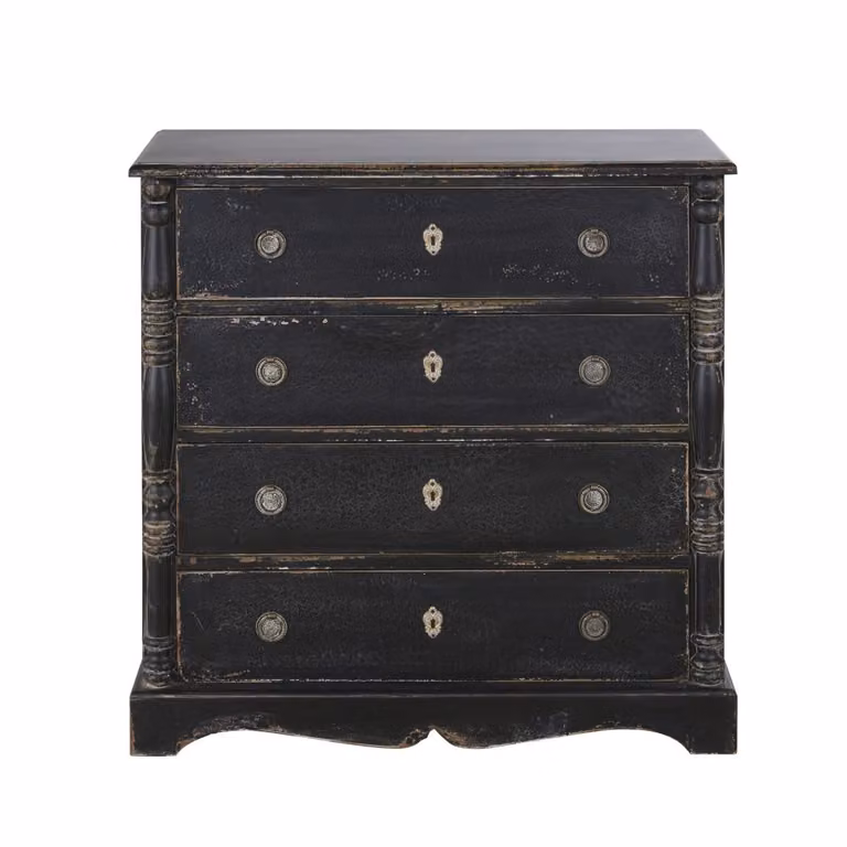 Cómoda de 4 cajones Maison du Monde en abeto macizo y MDF negro con detalles dorados