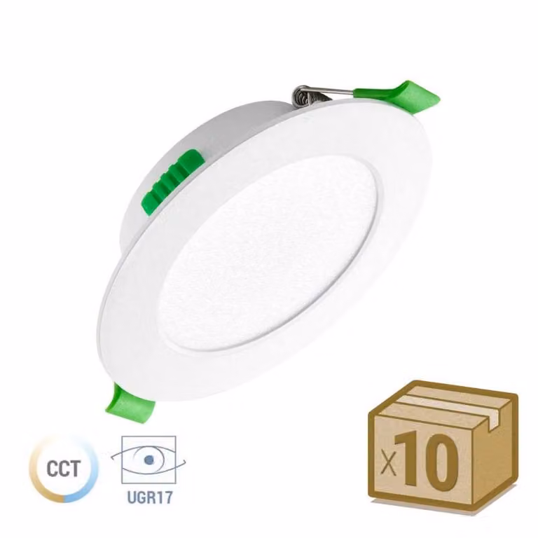 Pack de 10 downlights LED Kramfor de Ledbox de 7W, color blanco, con tecnología 3CCT (3000-4000-6000K) y UGR17 para empotrar