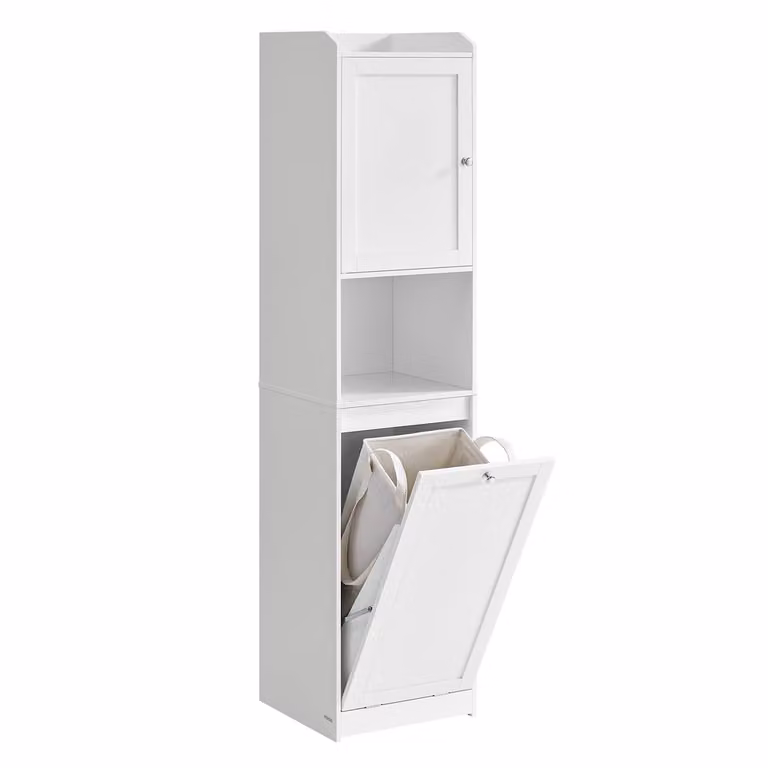VASAGLE Armario de baño alto con cesto para ropa sucia y estante, An/P/Al: 40 x 40 x 170 cm, Blanco