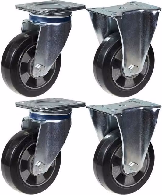 Conjunto de 4 ruedas giratorias Parnells de caucho negro con capacidad de 1320 kg y diámetro de 152 mm