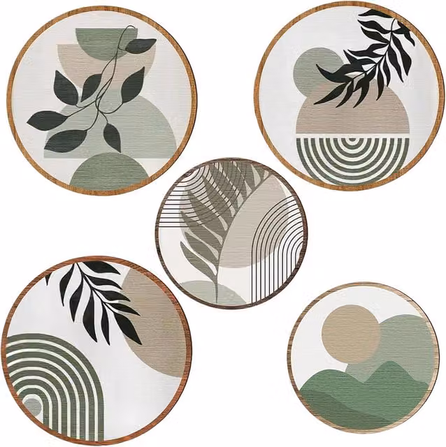 Juego de 5 piezas de decoración de pared Neptune estilo boho con diseño floral y botánico en madera y metal, colores verde y marrón